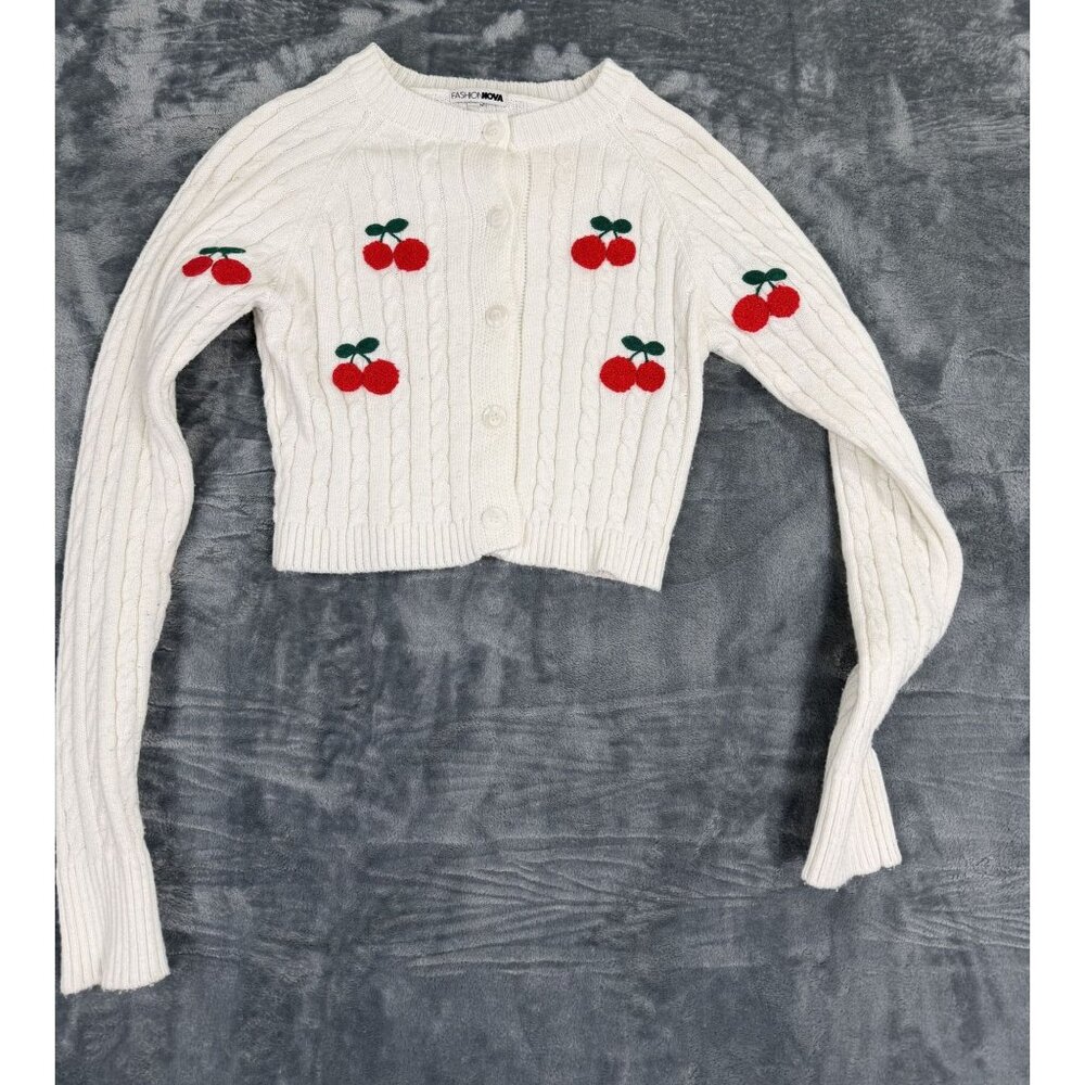 Fashion Nova Womens PS Cable Knit Cherry Cardigan White/Red